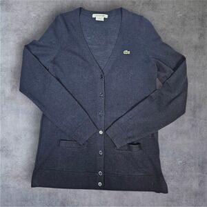 Lacoste Merino Wool Cardigan Navy Blue V-Neck Button Front Pockets Women 34 A55